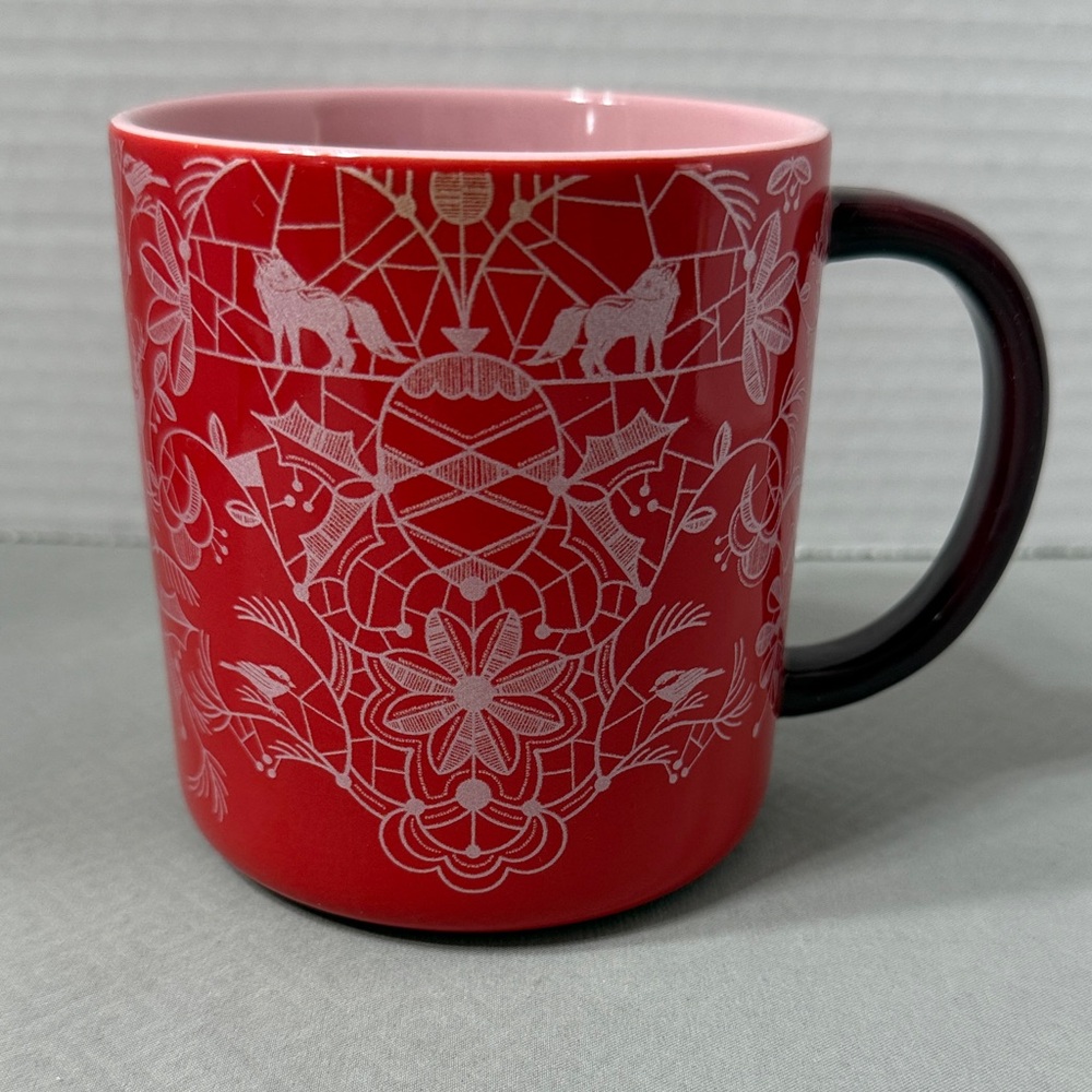 Starbucks Holiday Woodland Lace Ceramic Mug Intricate Design 2022 14oz Red Pink